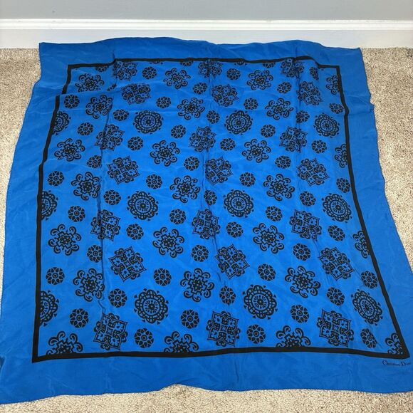 Christian Dior Vintage Silk Scarf 35"x35" Blue Black Mediterranean Print - Picture 2 of 6